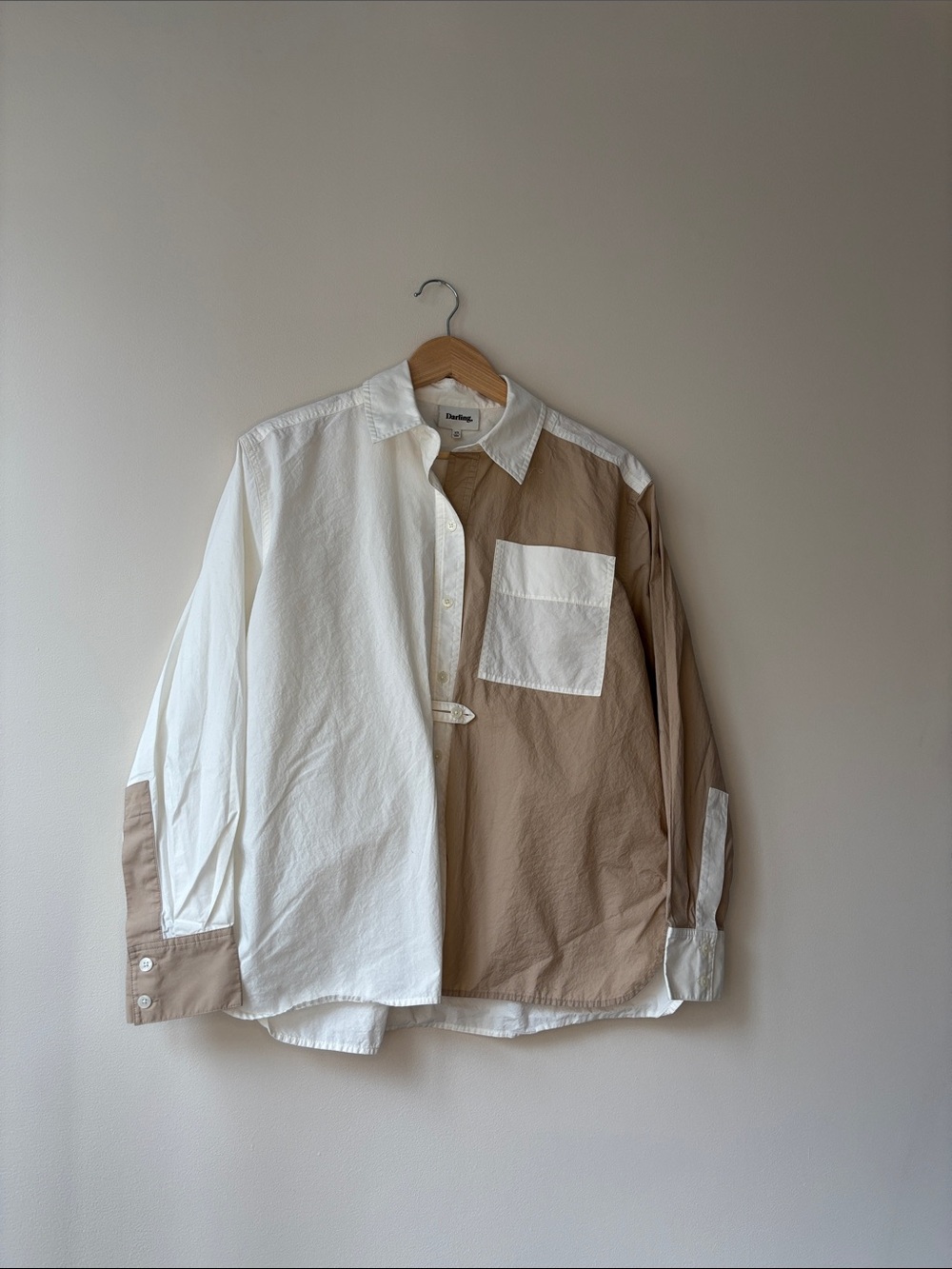 Darling Two-Tone White and Tan Panel Button-Down Shirt